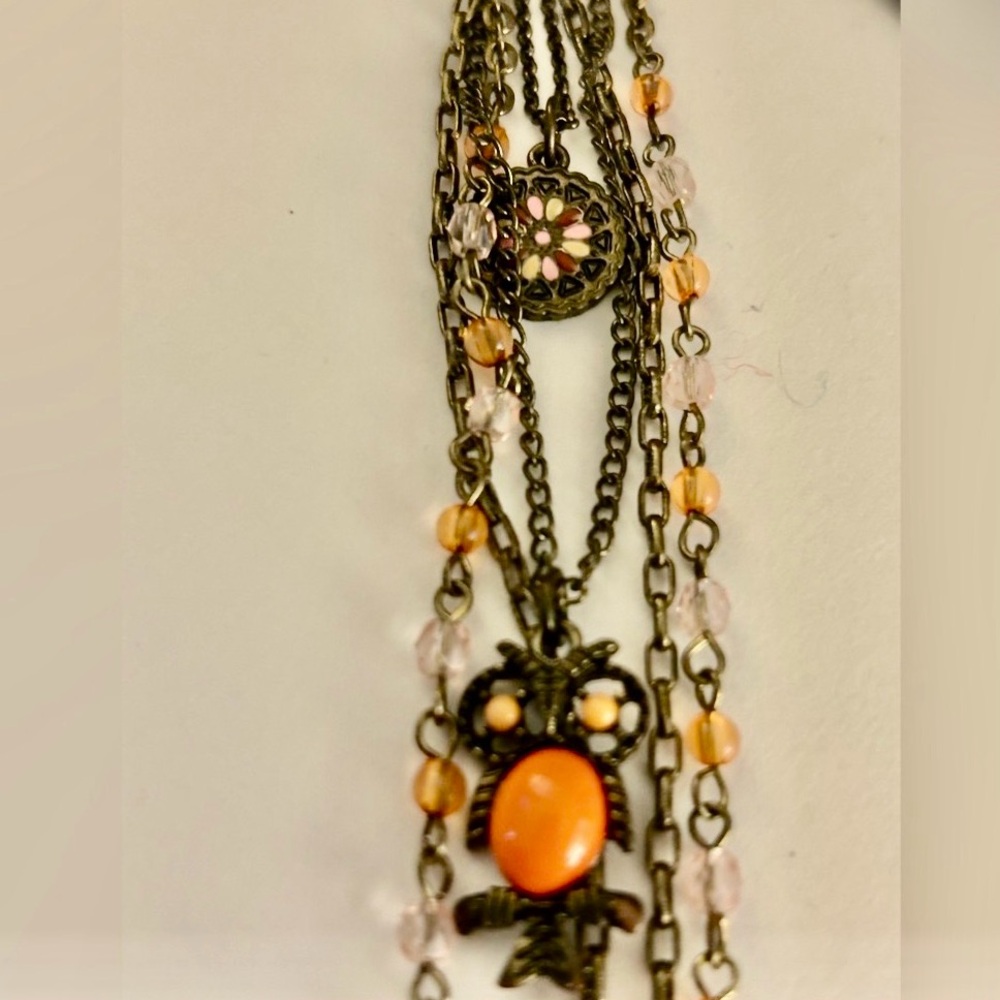 💰FREE add 1/bundle Necklace charms Owl, layered bronze chains peach drop, enamel - Picture 1 of 9